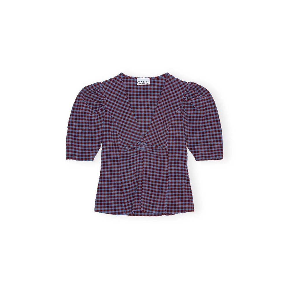 GANNI Blouse Seersucker V Neck Puff Sleeve in Blue Red Check Sz 46 XXL 16 - Picture 4 of 12